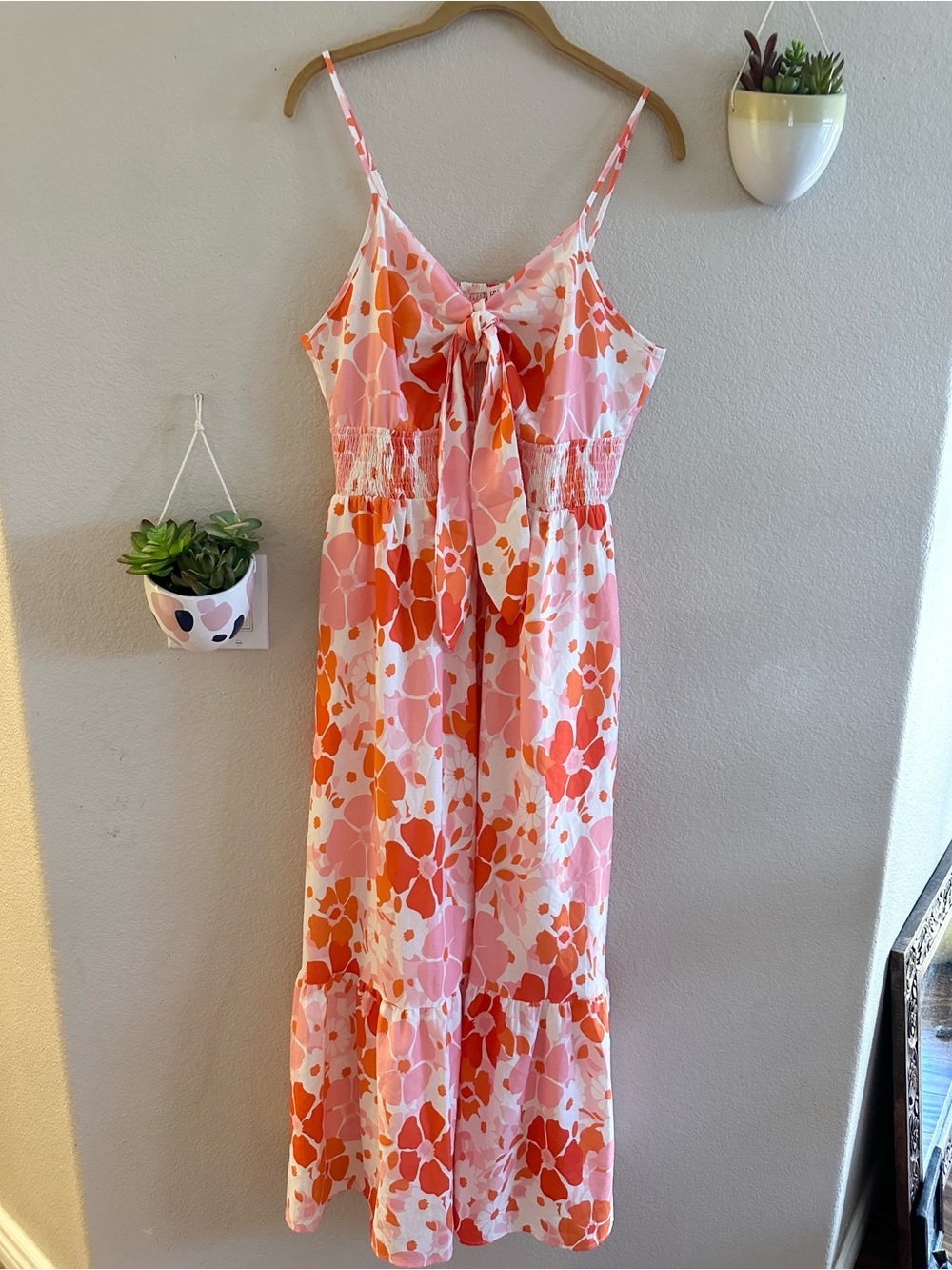 Grace Karin Vintage 70s Smocked Toe Front Floral Maxi Dress Large